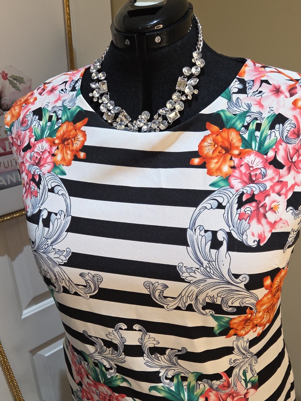Nwot 16 Voir Voir Black & White Striped Midi Dress with Orange and Pink Floral - Picture 15 of 17